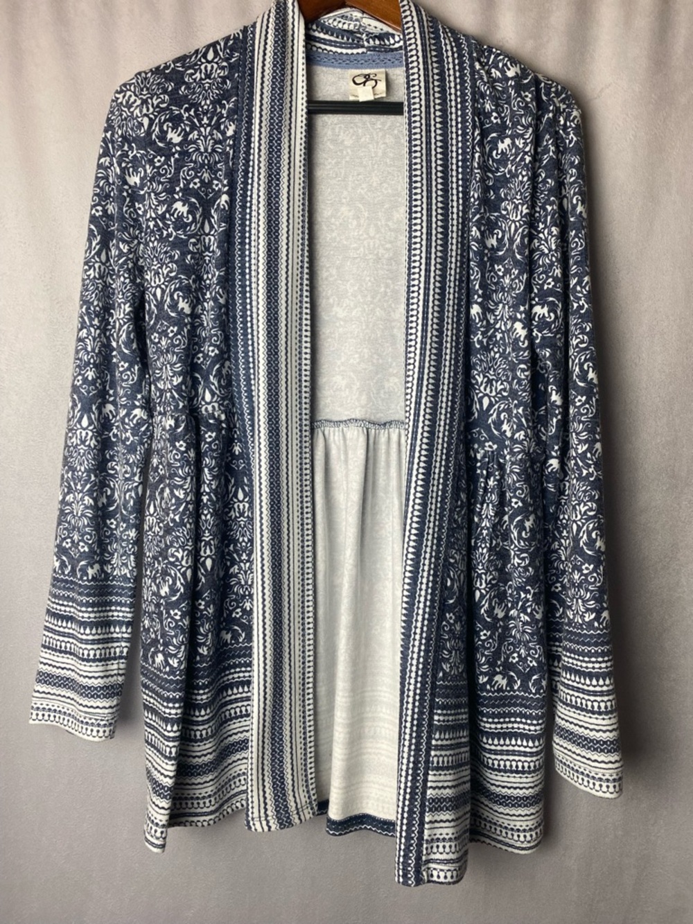 Anthropologie One September Pocono Damask Blue White Cottagecore Cardigan S